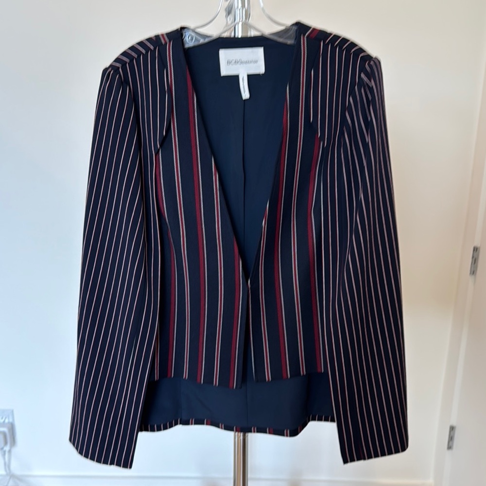 BCBG Max Azria Navy Cape Jacket with Red and Cream Pinstripes